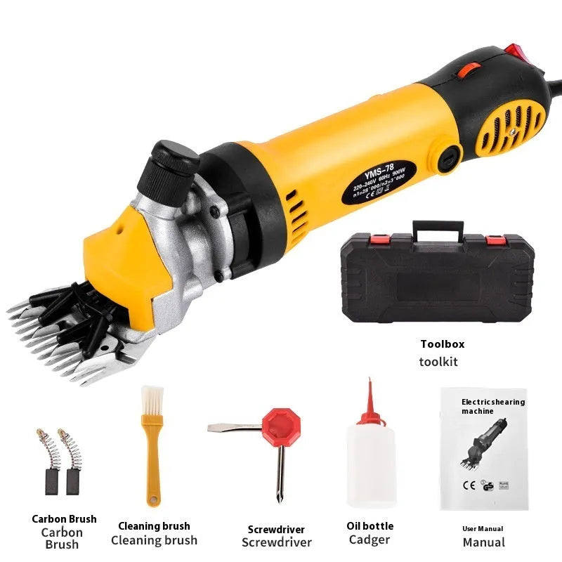 Yellow American 110V electric wool shearing clippers kit with multiple blade sets and maintenance tools