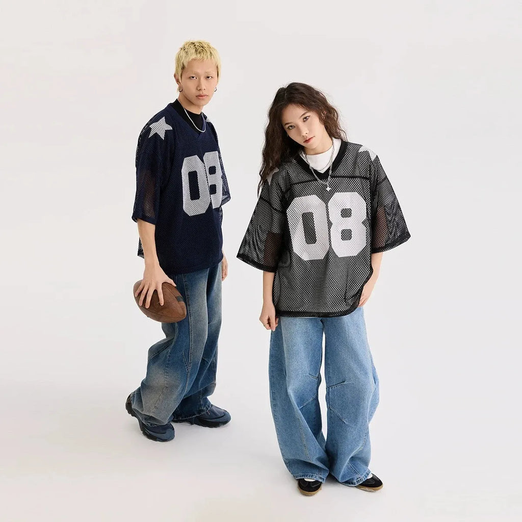 Half sleeve pullover shirt with letter pattern in black and navy blue colours, loose fit design