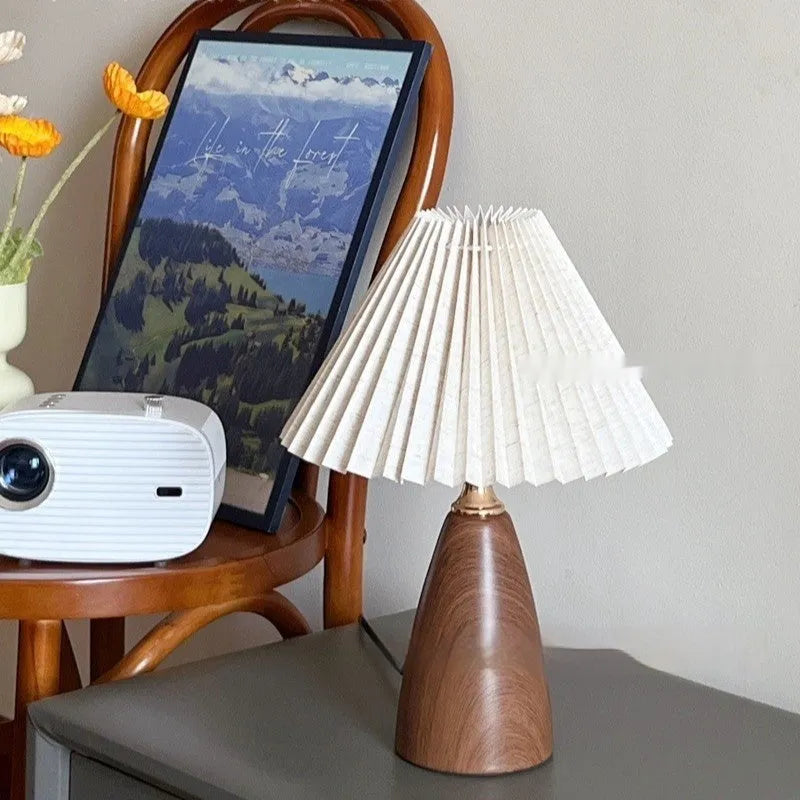 Nordic retro ceramic table lamp with pleated shade and remote control, bedside warm light, tapered floral style