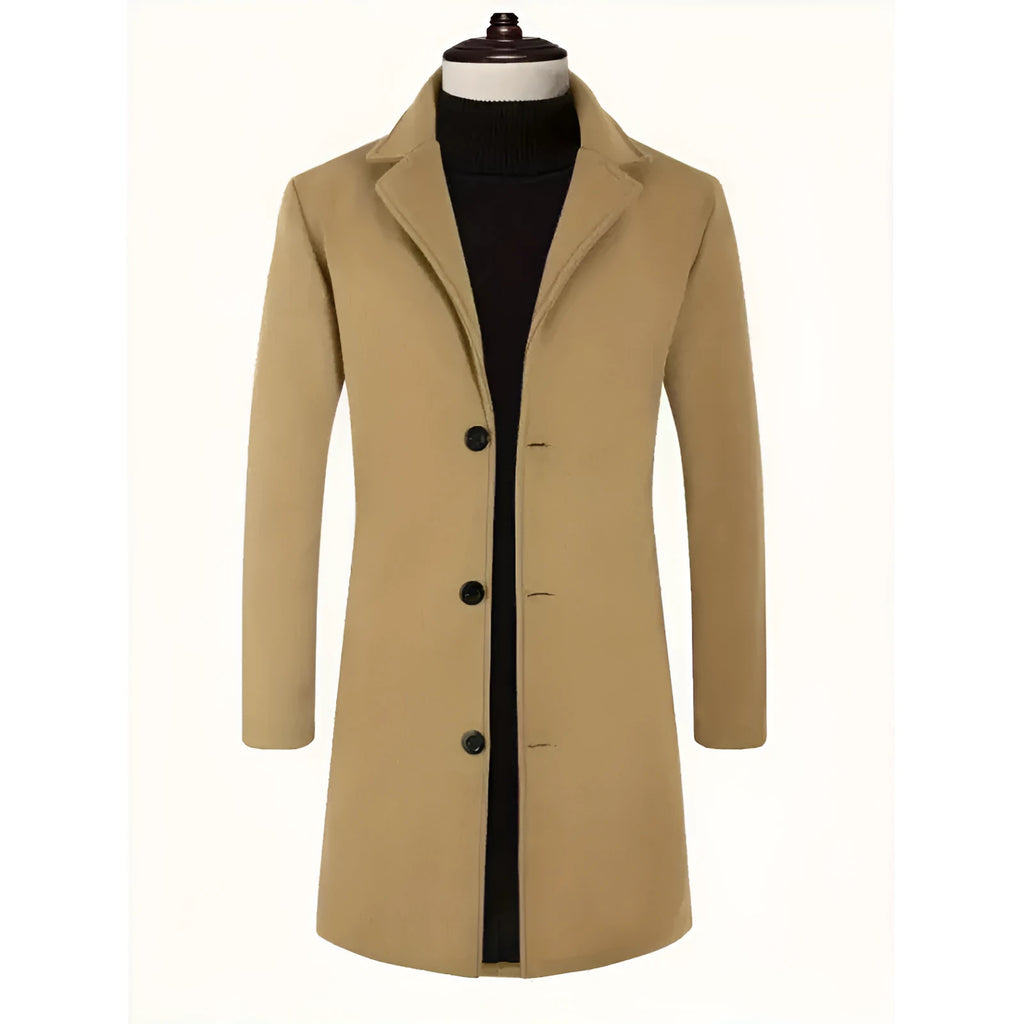 Men's solid colour slim fit trench coat, mercerised polyester, mid-length, side seam pockets, available in black.