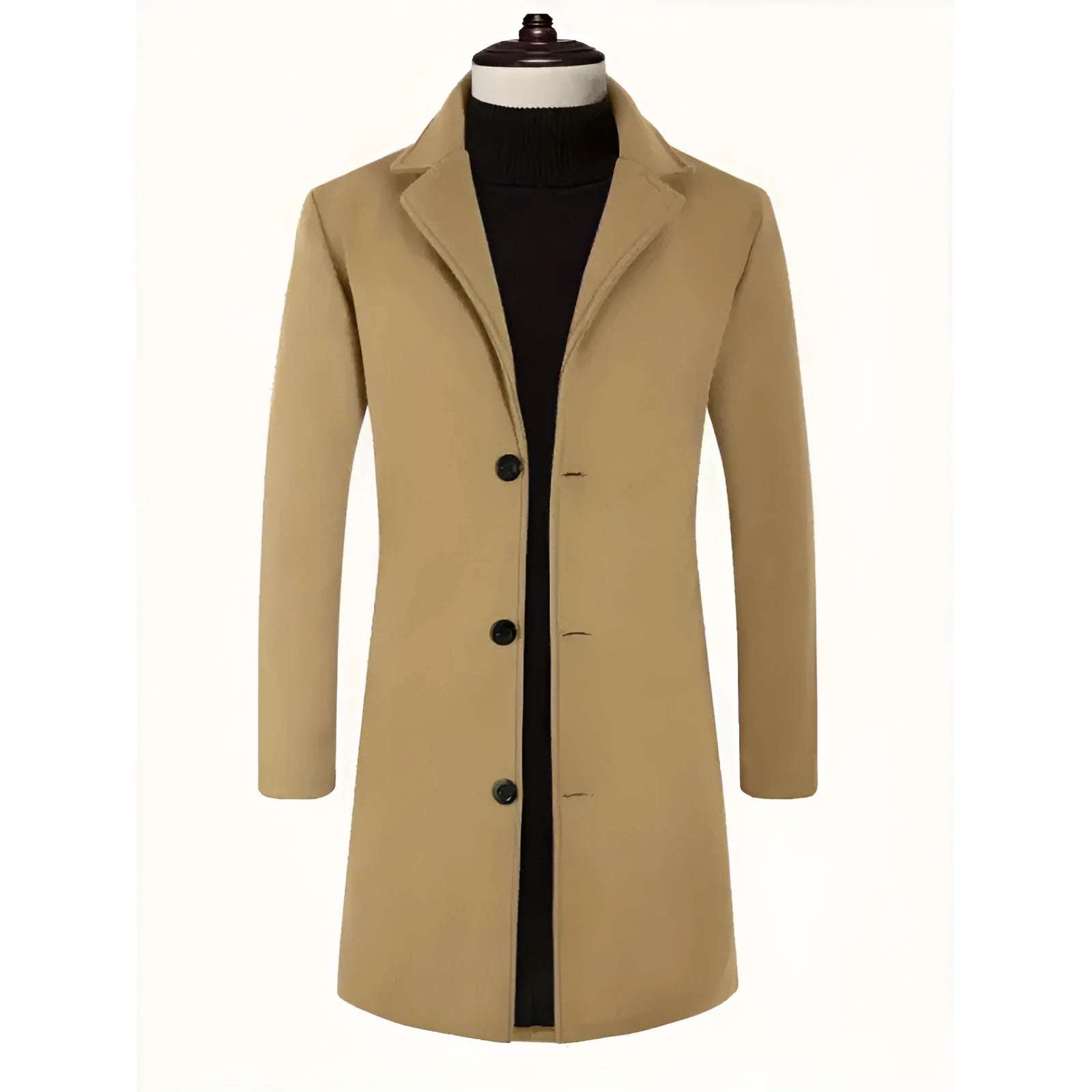 Men's solid colour slim fit trench coat, mercerised polyester, mid-length, side seam pockets, available in black.