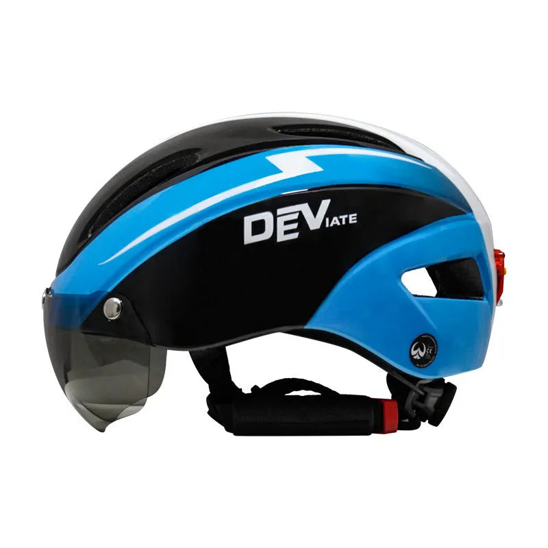 Adult bicycle helmet with goggles and taillight in blue, white, and black colour scheme