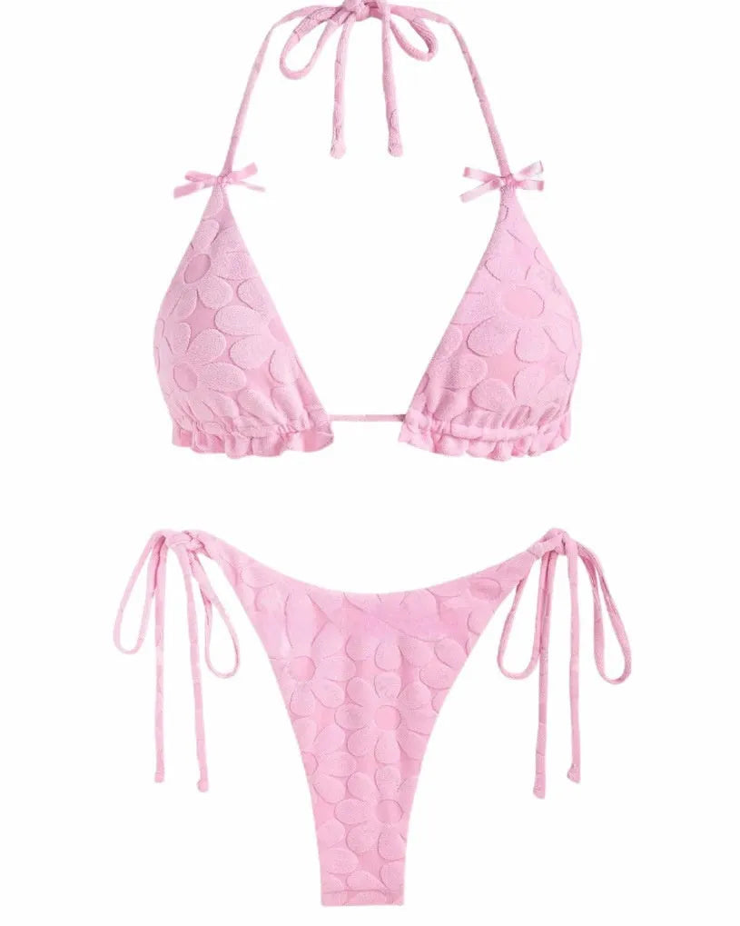 Women's solid colour backless high elasticity bikini set in light yellow, pink, light blue, light purple on a beach