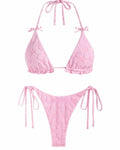 Women's solid colour backless high elasticity bikini set in light yellow, pink, light blue, light purple on a beach