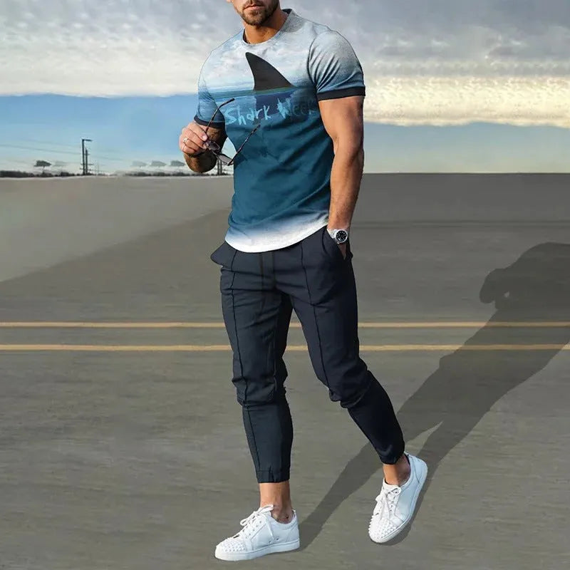 Man wearing a short-sleeved printed pullover and matching trousers from a polyester sport suit set.