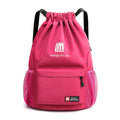 Oxford fabric drawstring backpack in black with phone compartment, shown in folded and unfolded positions