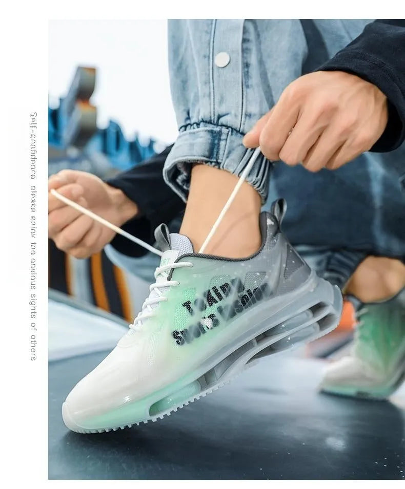 Men's black-green heightened platform trainers with mesh upper and rubber sole
