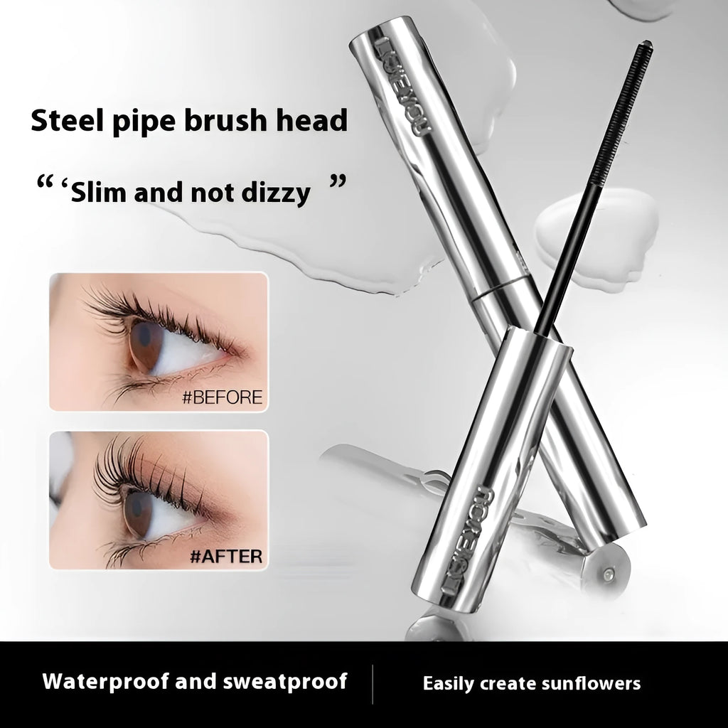 Steel tube waterproof mascara in black and brown shades shown with an eyelash curler.