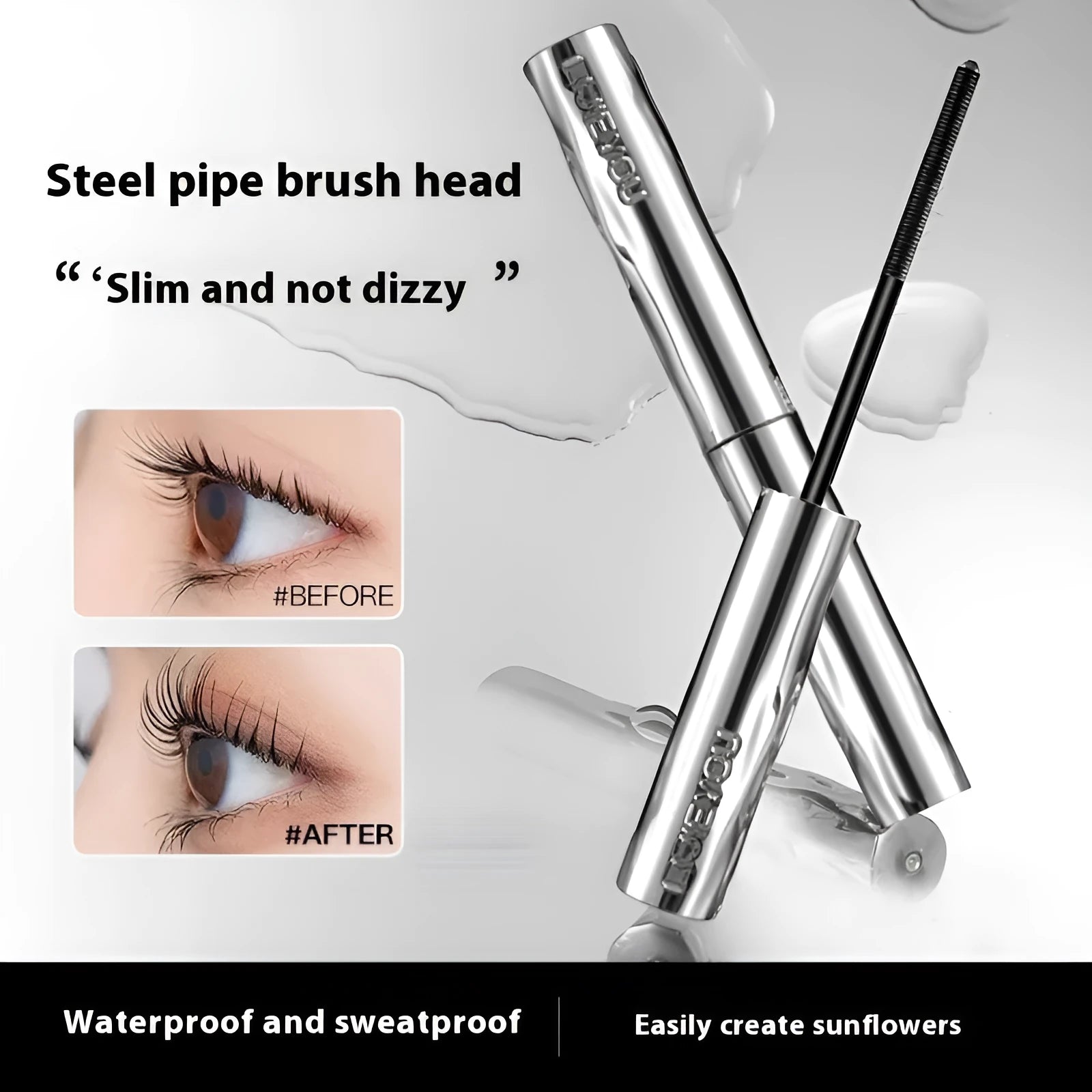 Steel tube waterproof mascara in black and brown shades shown with an eyelash curler.