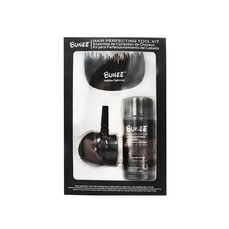 Dense hair fibre powder three-piece set with canister, spray bottle and comb for hair thickening