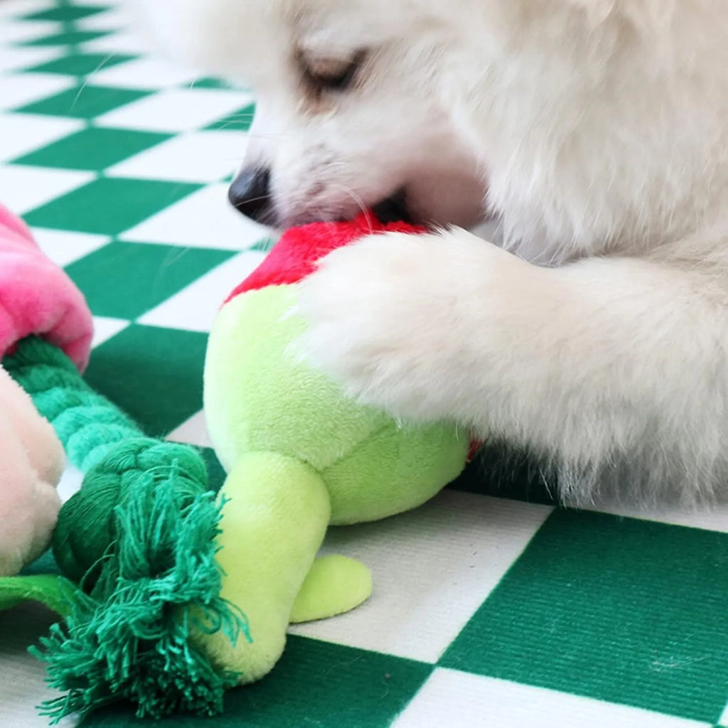Chew-resistant plush rose flower dog toy with squeaker for small dogs and puppies, soft plush material