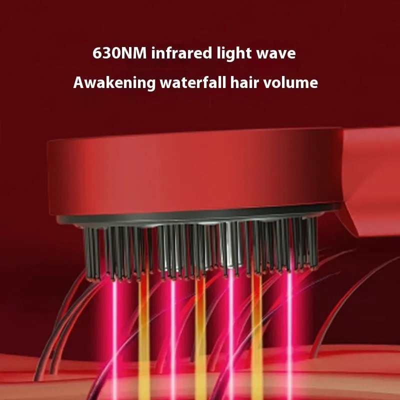 Red and blue light massage hair comb in black plastic with Type-C charging port on a white background