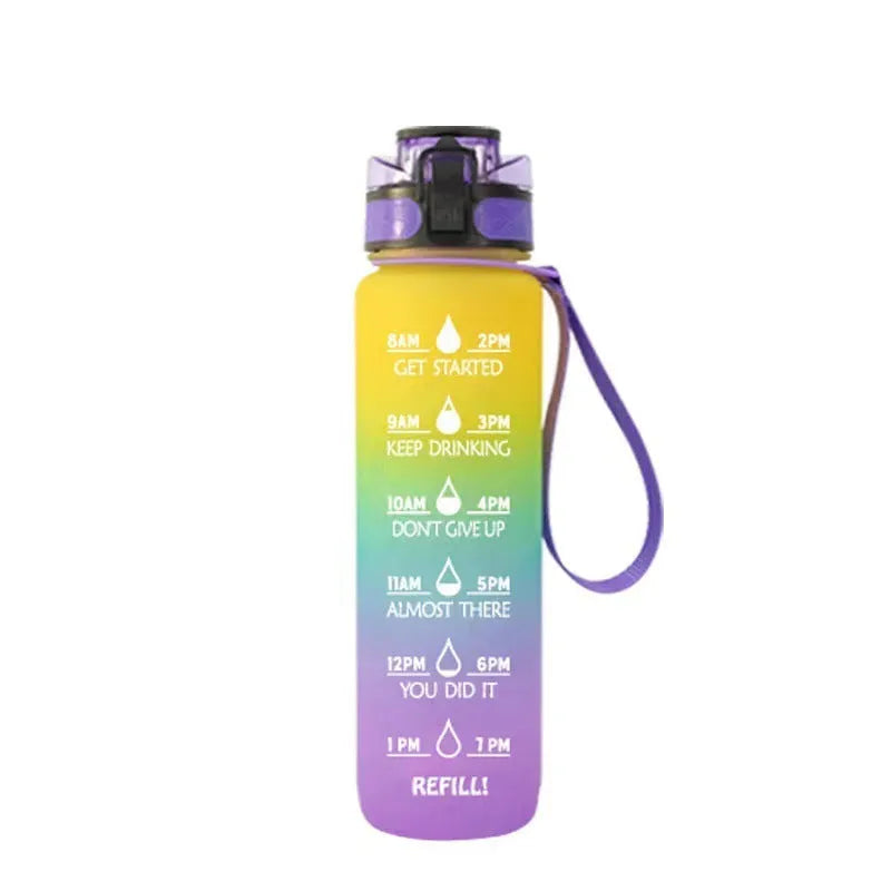 Transparent 1000ml BPA-free Tritan plastic sports bottle with kawaii design, clear body, and cap