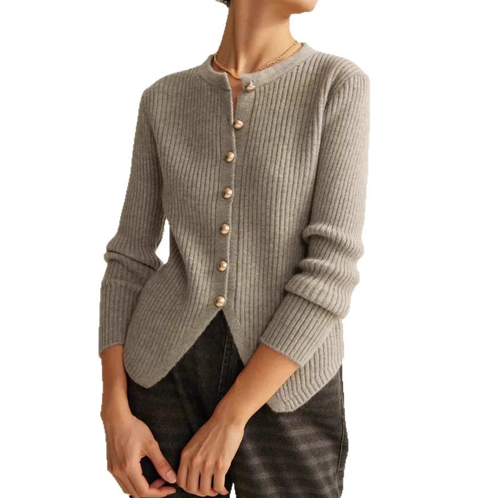 Autumn winter yuan collar solid colour cardigan sweater loose fit polyester knit in red for women casual wear