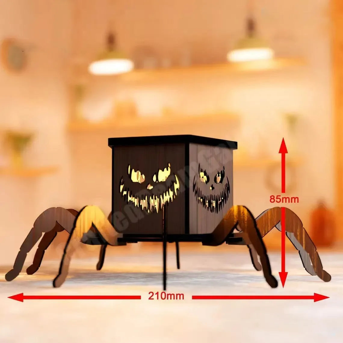 Wooden Halloween spider-themed mini lantern candlestick decoration measuring 21cm by 8.5cm.