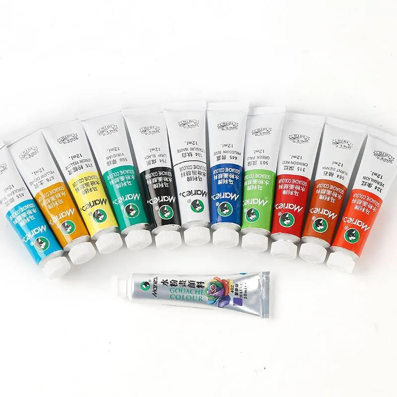 Gouache paint set with multiple colour tubes in a box, available in 12, 18, and 24 colour options with 5ml or 12ml tubes