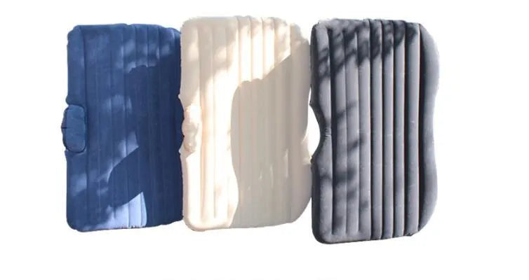 Car inflatable bed with 0.5mm flocking cloth in black wave, including pillows and pump, set up in a car rear seat