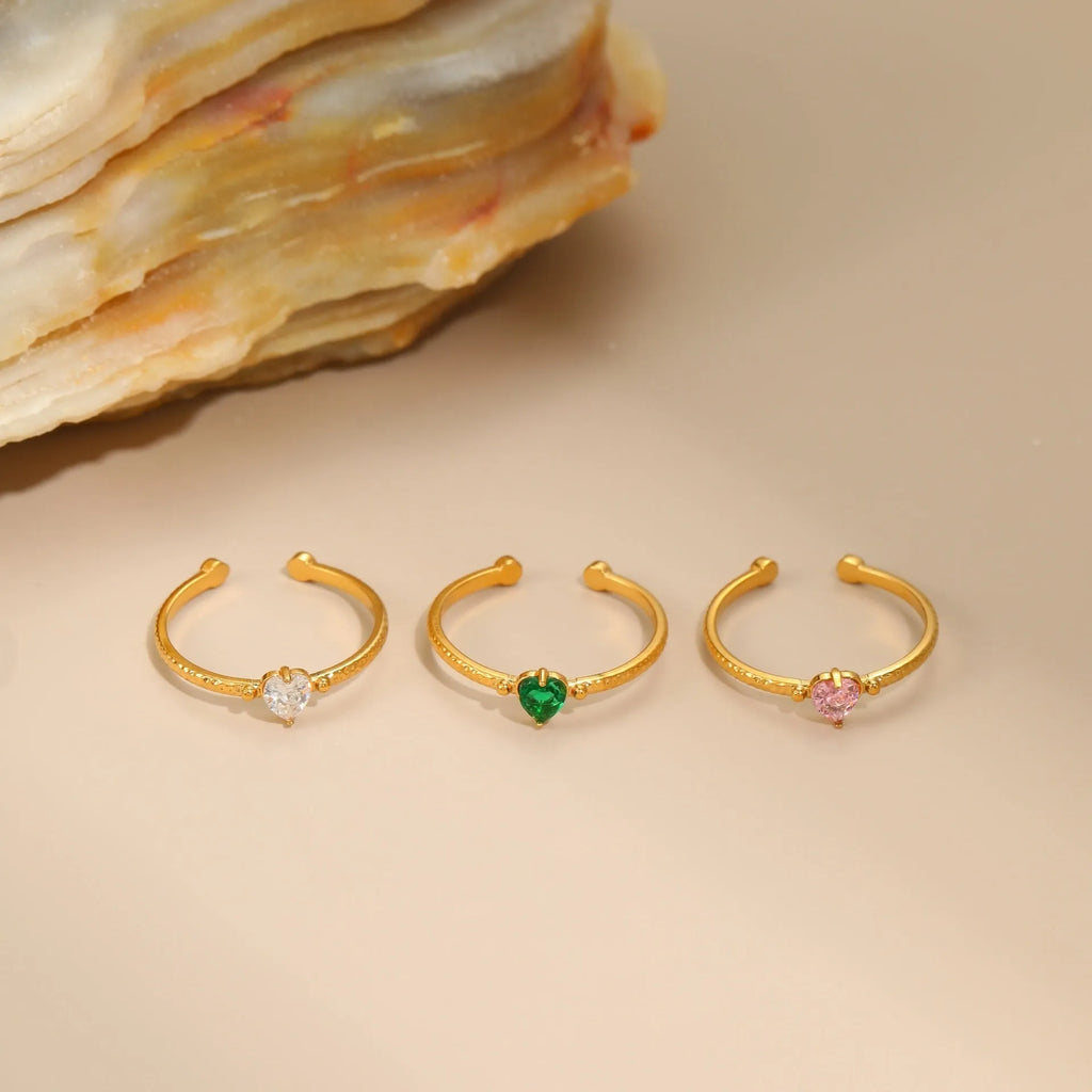 Open-ended stainless steel heart ring with zircon stones in geometric design