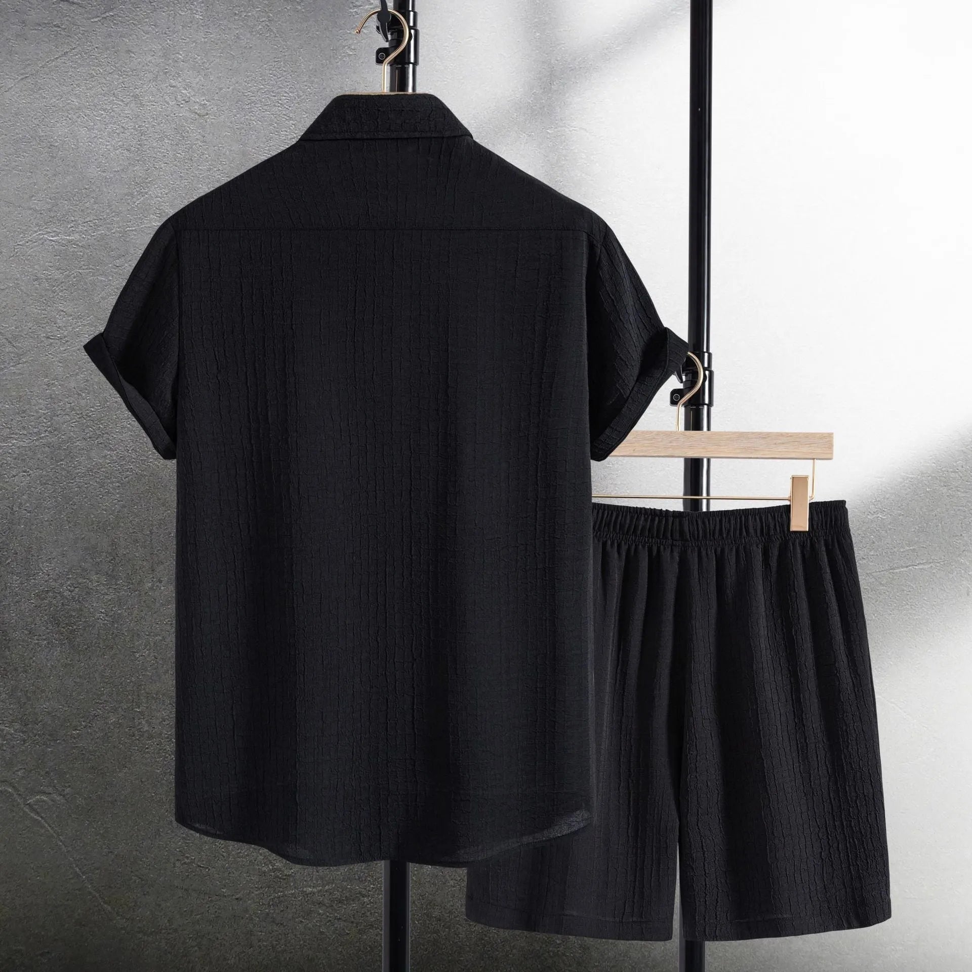 Men's jacquard cotton blend short sleeve shirt and shorts suit set in white or black