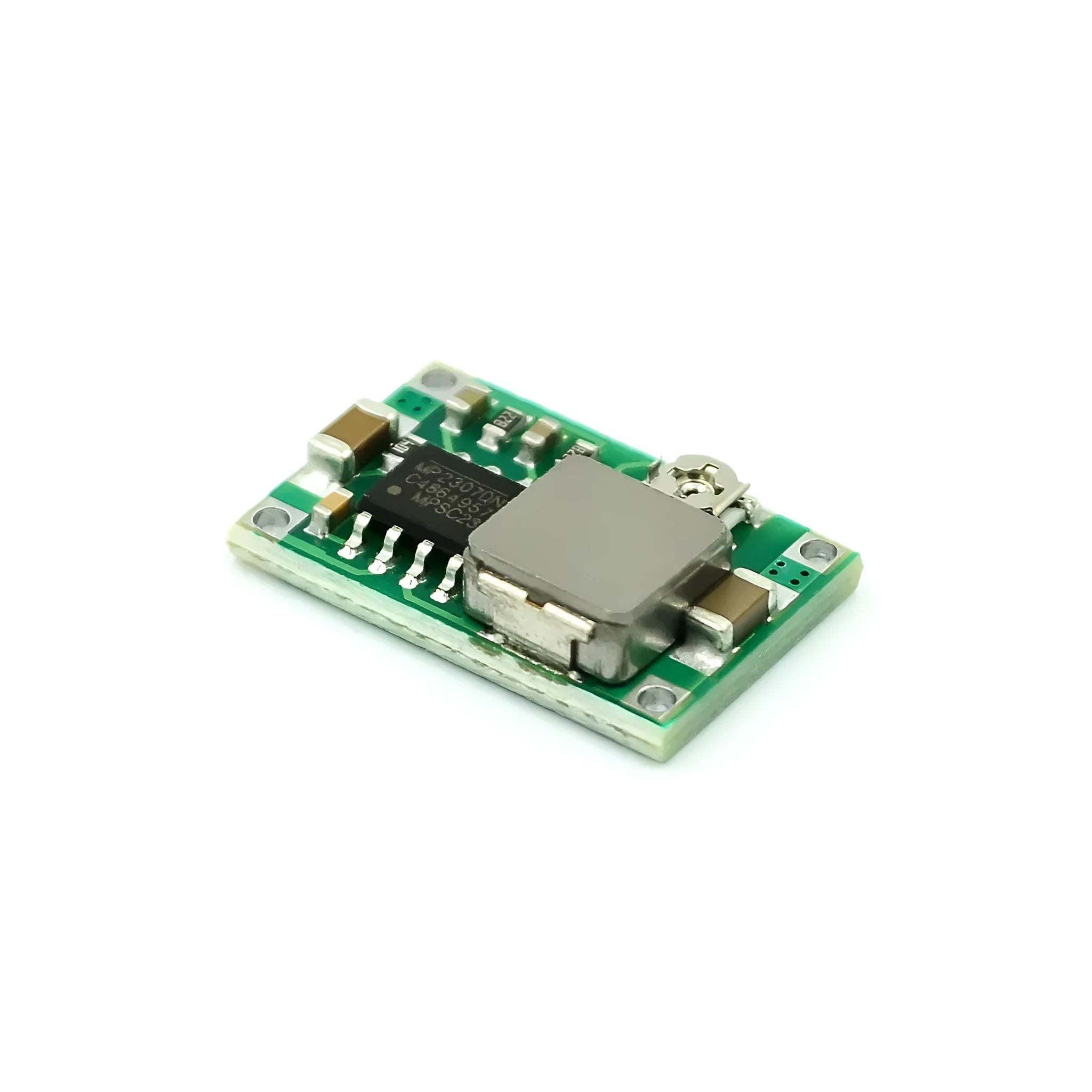 Mini 360 DC-DC buck converter module on green PCB with compact layout showing input and output pads