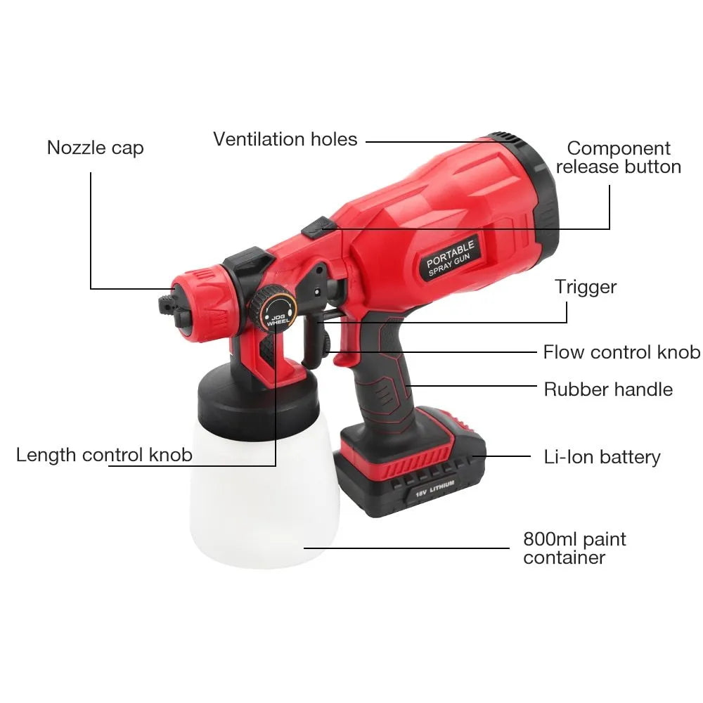 Blue cordless automatic paint spray gun with a large paint container and nozzle.