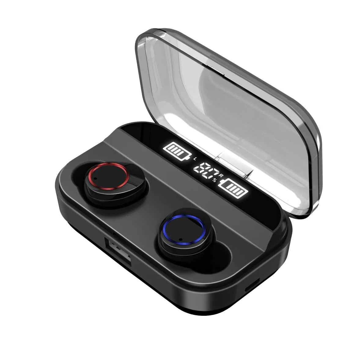 X11 Bluetooth wireless earbuds in black with charging case and multiple ear tip sizes