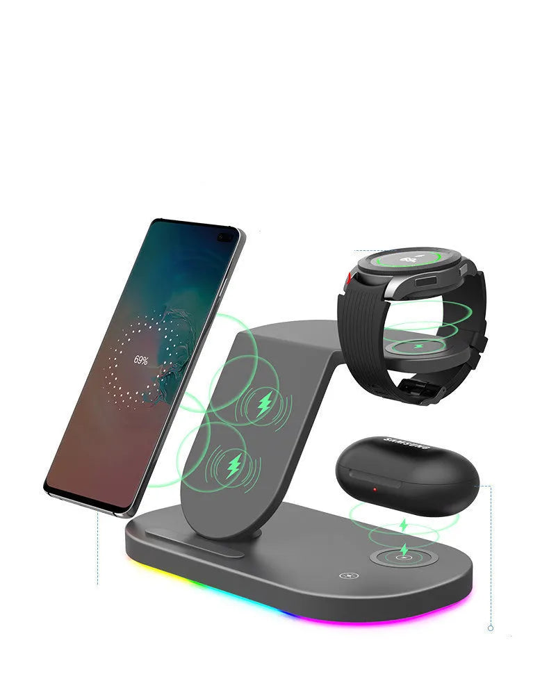 Three-in-one fast wireless charger for phone watch and headphones in ice crystal white ABS plastic