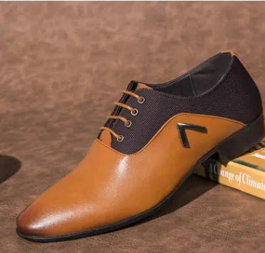 Men's black Oxford shoe with a low-cut PU upper and rubber sole, shown on a size chart.