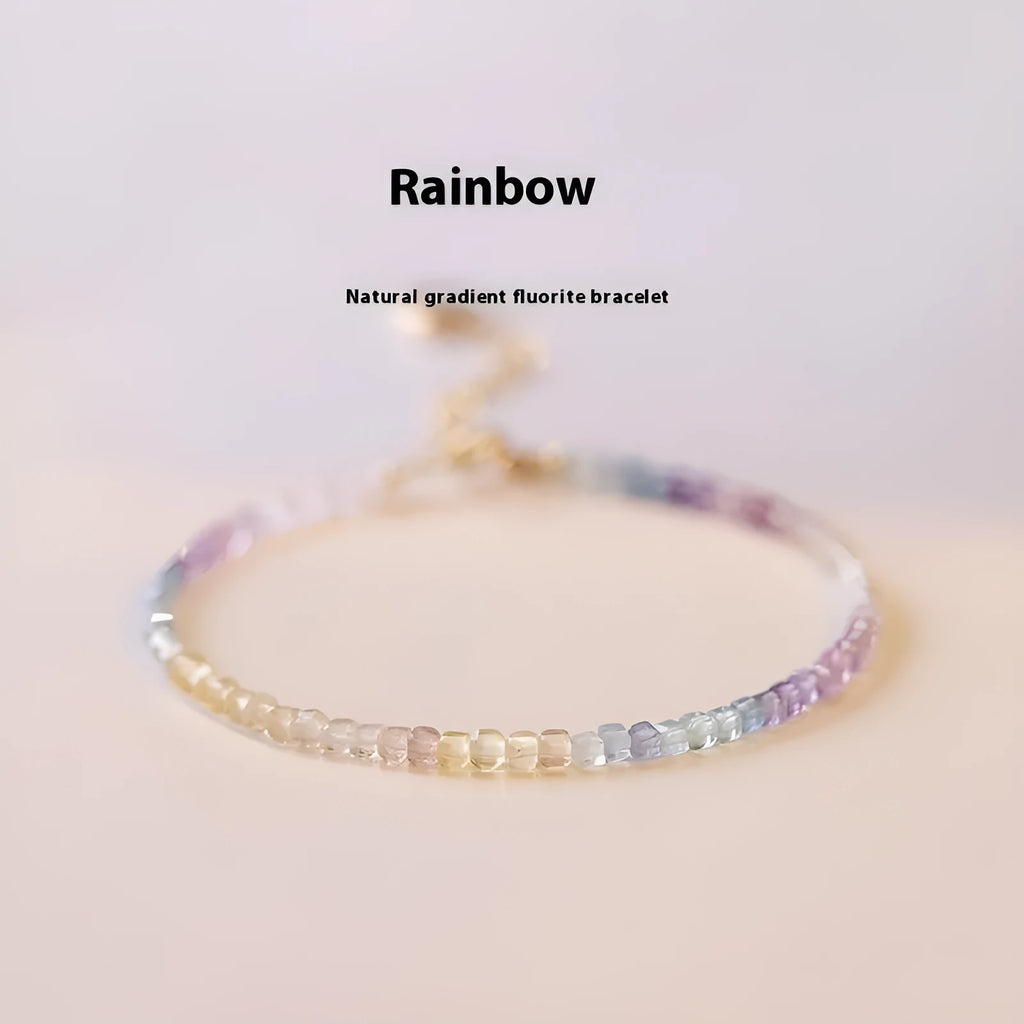 Handmade women's rainbow fluorite bracelet with copper and geometric quadrilateral shape