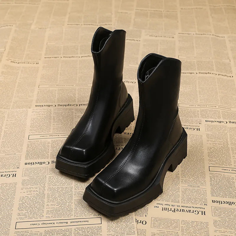 Women's platform Martin boots with square toe and 6-8CM heel in black or brown colours