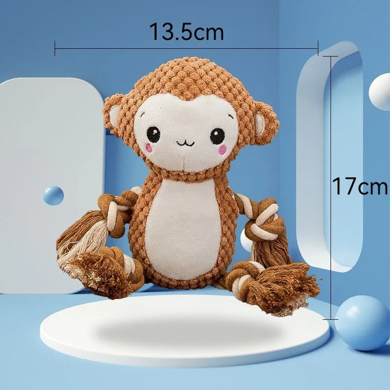 Stuffing-free squeaky plush dog toy bundle showing lion and monkey styles for medium to large dogs