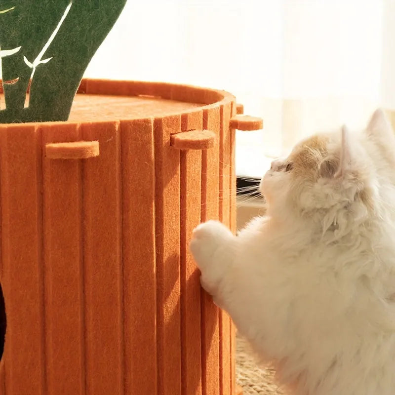 Grey felt cat tunnel leading into a semi-enclosed nest, shown in M and L sizes.