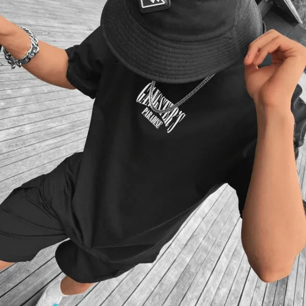 Men's black loose-fit letter print short-sleeve T-shirt imitation cotton fabric