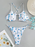 Women's floral tie-neck triangle swimsuit set with polyester lining and matching shorts in multiple colours sizes XS to XL.