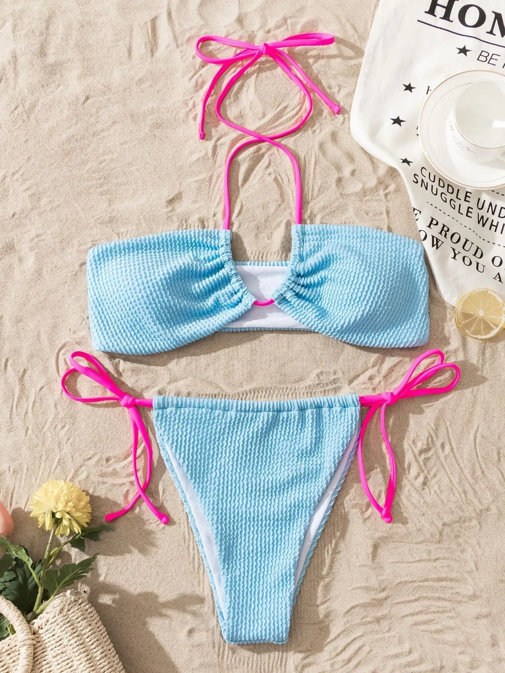 Solid colour women's separated halter lace-up swimsuit with tie side briefs in picture colour