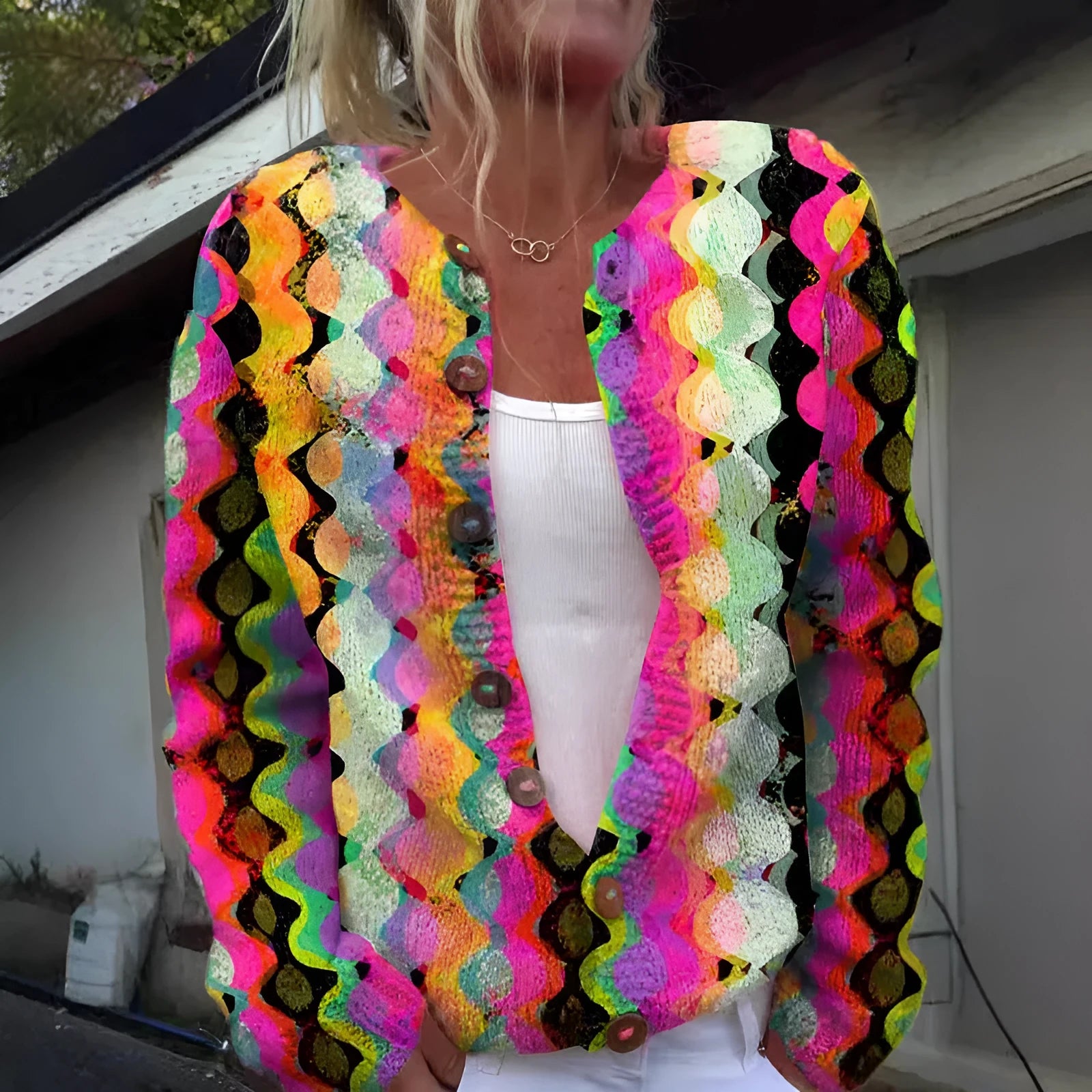 Fashion printed cardigan knit jacket for women, long sleeve, unisex style, polyester, sizes S-5XL, five colours