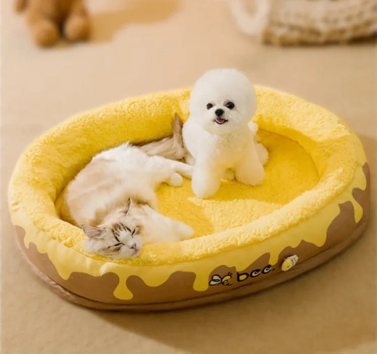 Warm velvet pet bed for small and medium dogs and cats, detachable cover, grey or yellow