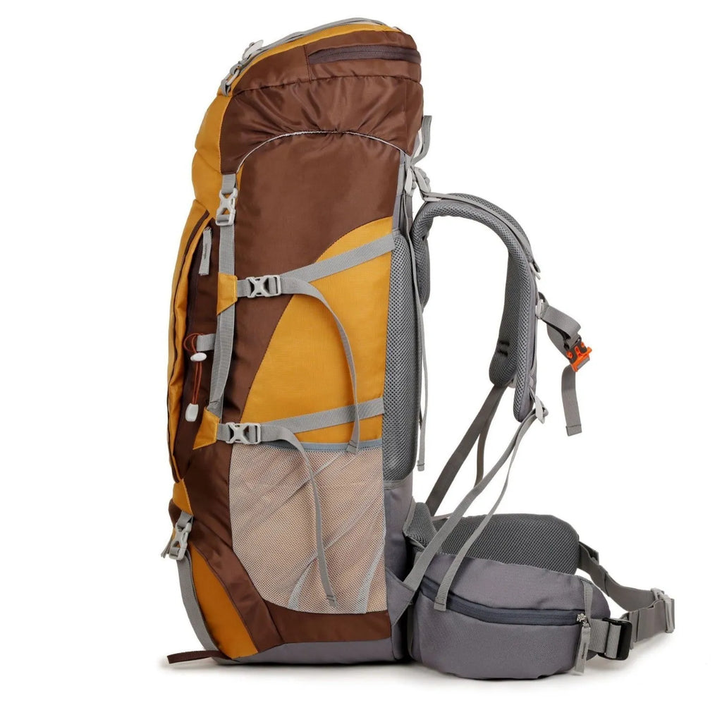 75L outdoor mountaineering backpack polyester solid colour hiking rucksack with SOS whistle blue yellow black