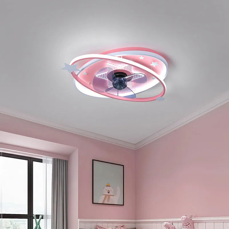 Blue children's bedroom ceiling fan light with acrylic shade and remote control.