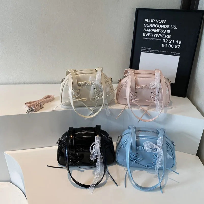 Women's bandage bow design PU leather shoulder handbag with mobile phone compartment in four colour options
