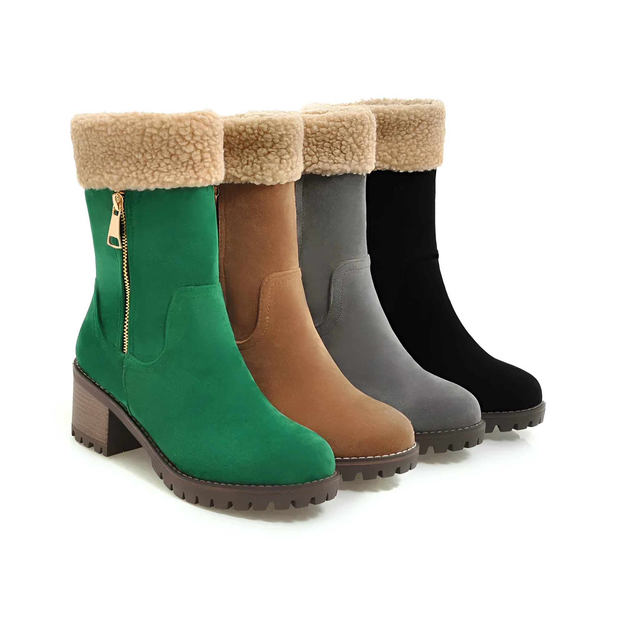 Snow boots with plush lining and rubber sole in black, grey, green, or orange.