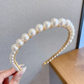 Thin pearl headband with imitation pearl and metal, 14cm length, three colour options on light background