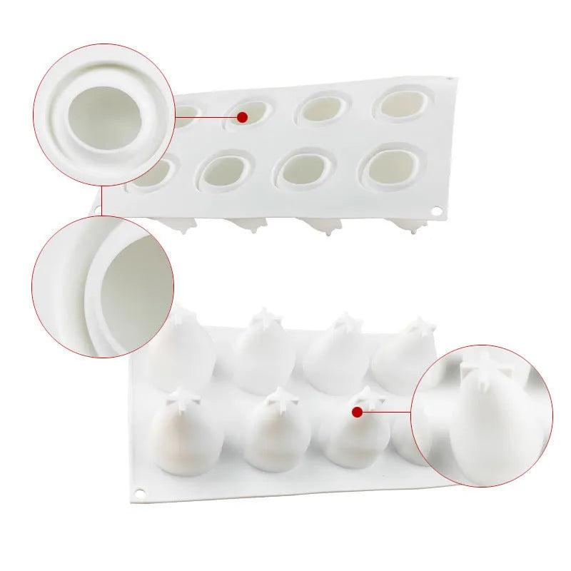 Set of six fruit silicone moulds for baking Italian mousse desserts with pineapple pine cone shapes