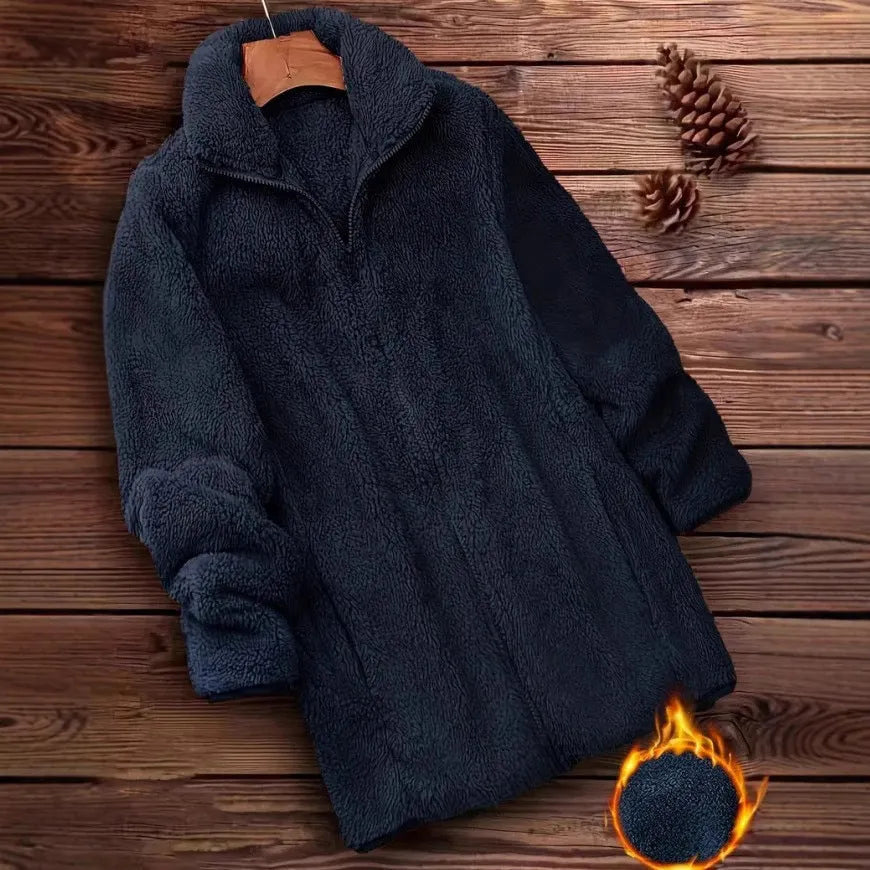 Double-sided velvet fleece jacket in khaki, shown on a hanger, with a full fleece lining visible.
