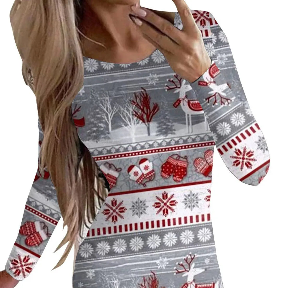 Women's Christmas printed dress with animal patterns, round neck, long sleeves, and hip skirt cut