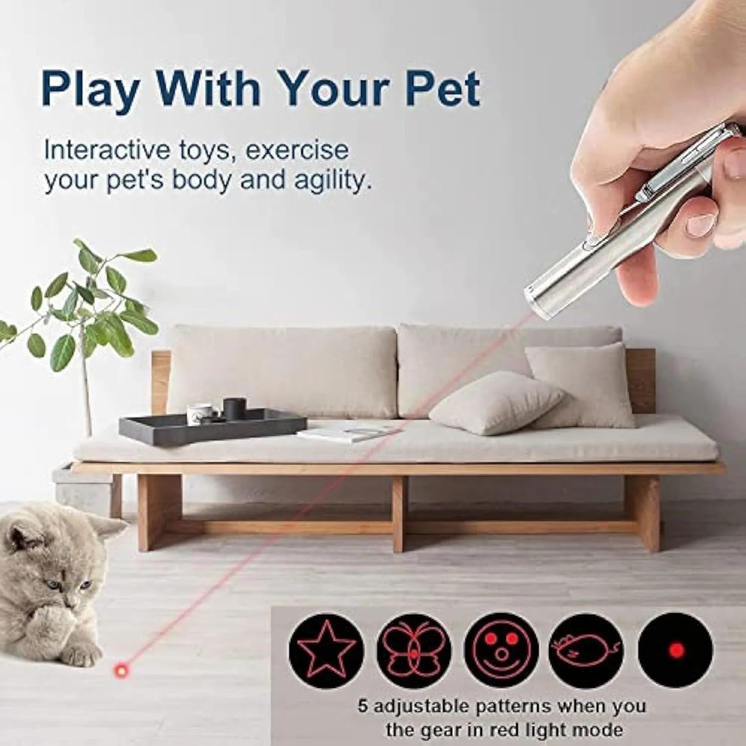 Silver aluminium cat laser toy pointer with USB charging port and pattern adjustment dial