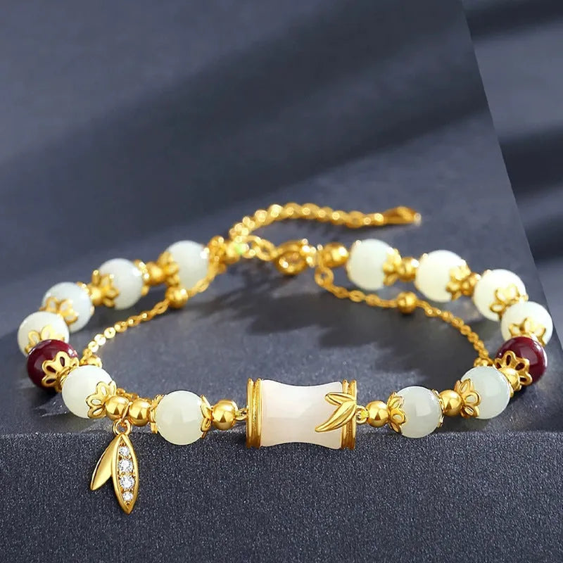 Bamboo special-design glass bracelet in beige with flower shape and Ruyi element, electroplated finish