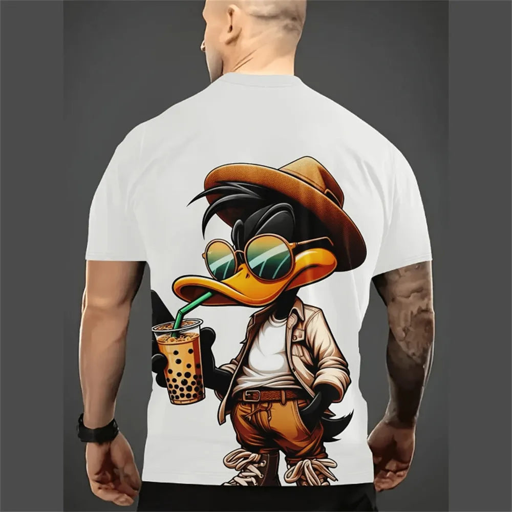Men's loose fit short sleeve T-shirt with 3D printed cartoon pattern in milk silk linen fabric