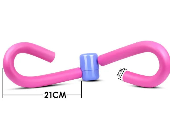 Leg exercise thigh master with pink foam padding and steel spring on white background