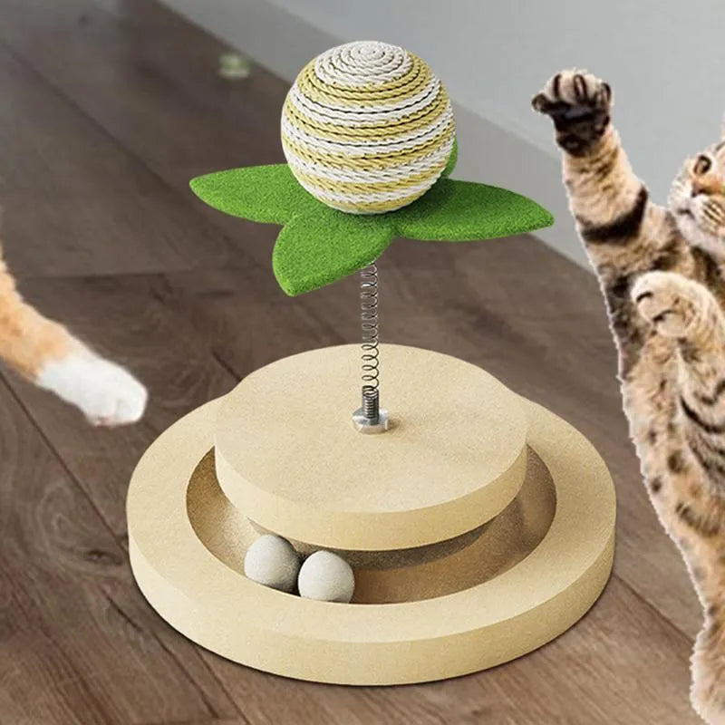 Green cat toy with sisal scratching pad, ball track, and spring ball for indoor kittens